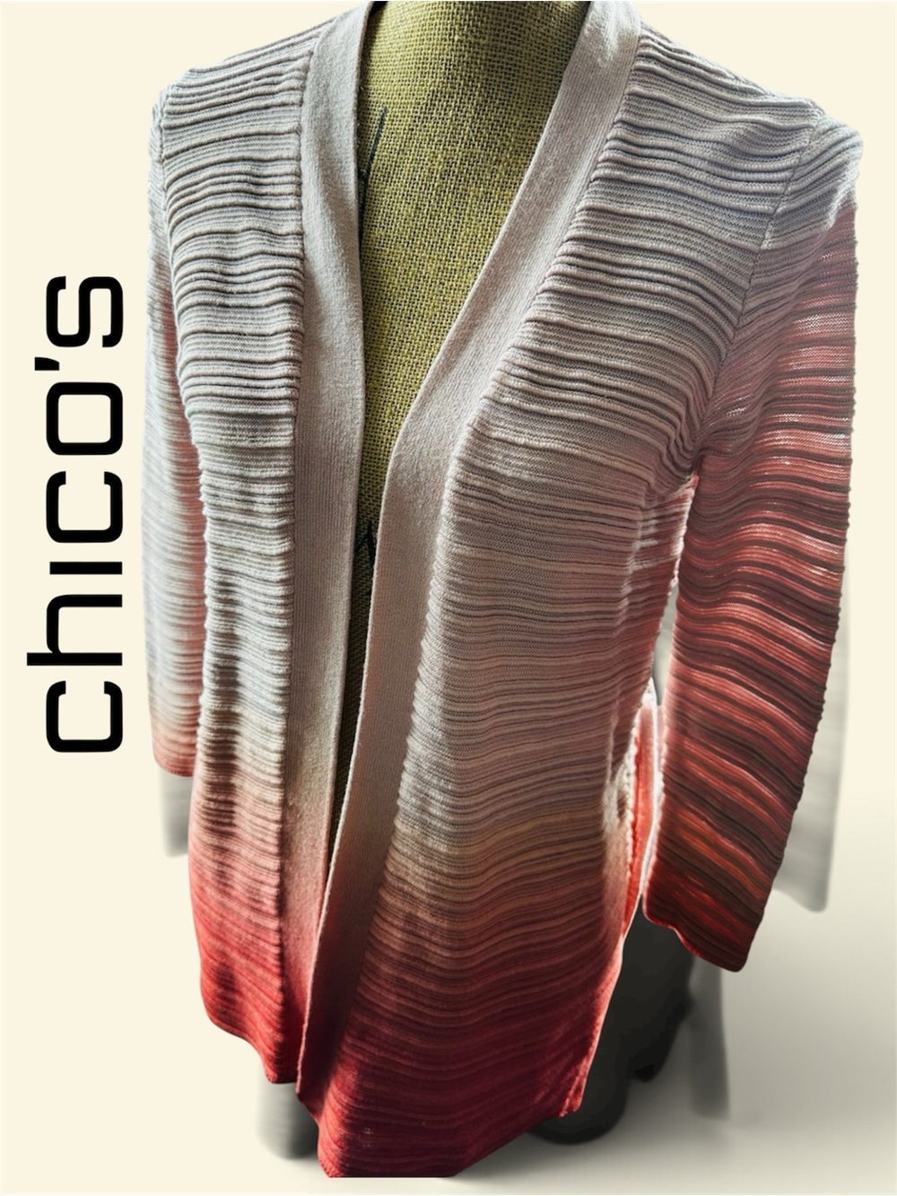 Chico's Pink to Red Ombre Open Ribbed Cardigan